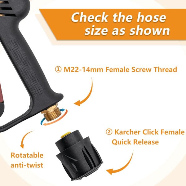 Korkeapainepesurin suutinpistooli 5 suuttimella auton pesuun (M22 14MM letkuliitäntä & Karcher pikaliitäntä)