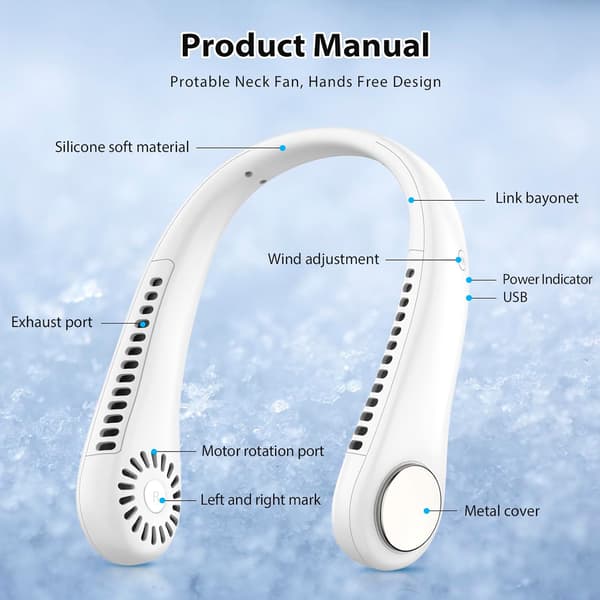 Halsventilator, bærbar håndfri bladløs mini-ventilator med 360° kølende luftstrøm, USB-genopladelig med 3 vindhastigheder White