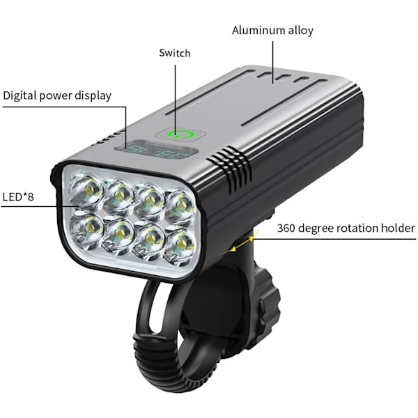 Pyörän valot eteen ja taakse yöajoon, 5200 mAh USB ladattava 8 LED polkupyörän valo, IPX5 vedenpitävä, Ominaisuus (KX8-D)