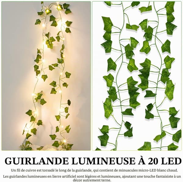 Slingor med löv, 2m murgröneslingor, Konstgjord grön bladmurgöna med 20 LED-lampor, Vårväxter