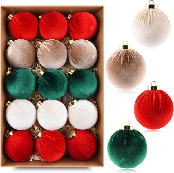 Julkulor i Sammet, 15-pack, Oslåbara Julgransprydnader, Flera Färger Set 3