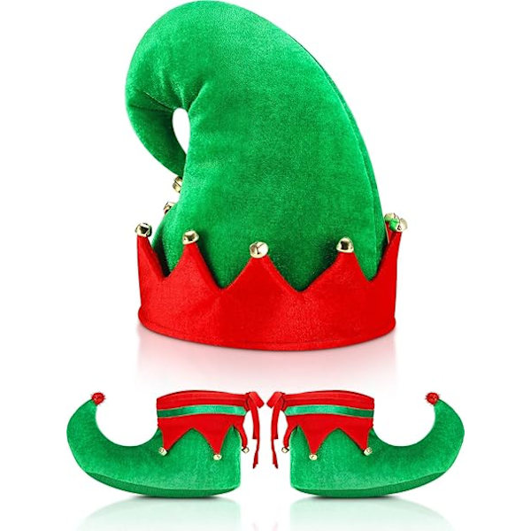 Jultomte Elfskor och Hatt Röd Grön Kostymtillbehör Set (21 cm/ 8 tum)