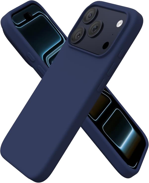 iPhone 17 Pro skal, premium flytande silikonskal, mjukt cellulärt gummi, repfritt mikrofiberfoder, stöttåligt skal, mörkblå