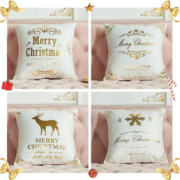 Jul Kuddar 4-pack, Vit Guld Jul Kuddfodral Soffa Säng Kuddfodral Jul Heminredning 45x45cm (Vit Guld)