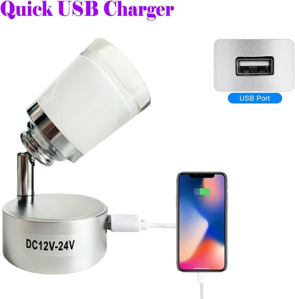 12V LED Lampa för Husbil med USB, 3W, Touch Dimmer, 3 Färger (2 Stycken)