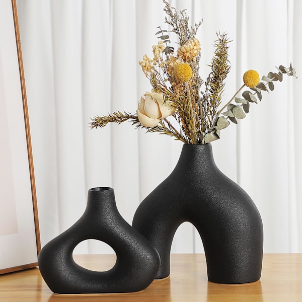 Musta keraaminen vaasiseti 2 kpl, moderni minimalismi boho-sisustukseen, pyöreät mattadonitsi-vaasit pampasruoholle black