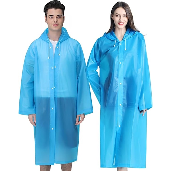 Regnponchos för vuxna återanvändbara, 2 st regnrockar nöd för kvinnor män med huva och dragsko vuxna poncho-blå