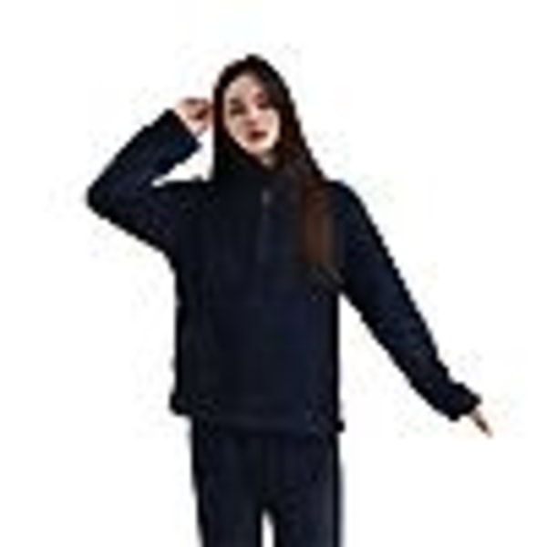 Kvinnors fluffiga pyjamas set kvarts dragkedja fleece 2 delar Sherpa pullover byxor set fuzzy sovkläder, svart M (110 catties - 130 catties)