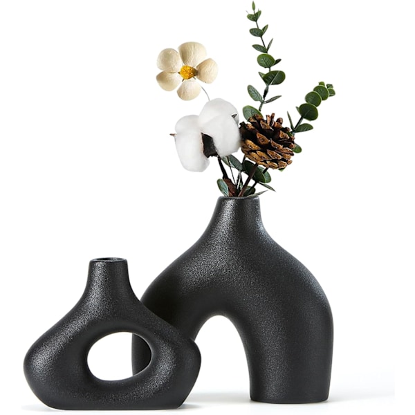 Musta keraaminen vaasiseti 2 kpl, moderni minimalismi boho-sisustukseen, pyöreät mattadonitsi-vaasit pampasruoholle black