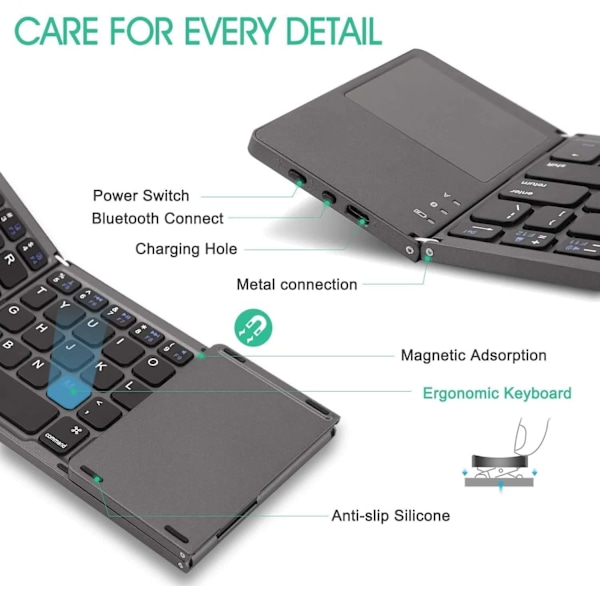 Sammenleggbart Bluetooth-tastatur, bærbar mini trådløst BT-tastatur i lommeformat med berøringsplate for Android, Windows, PC, nettbrett