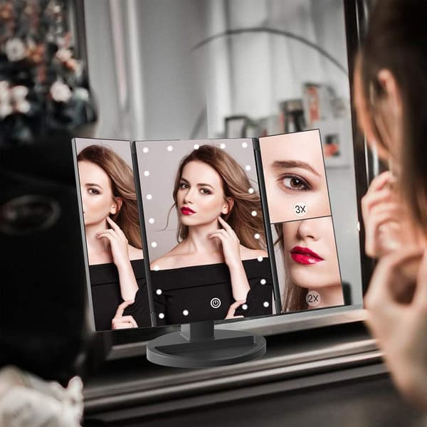 Makeup Spejl, 1x/2x/3x Trefoldet Spejl med 21 LED Lys og Justerbar Touch Screen Spejle (Sort)