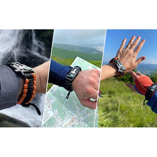 Overlevelsesarmbånd (2 pak) | Vandretilbehør, vildmarksudstyr, bushcraft, nødsituation (sort og orange)