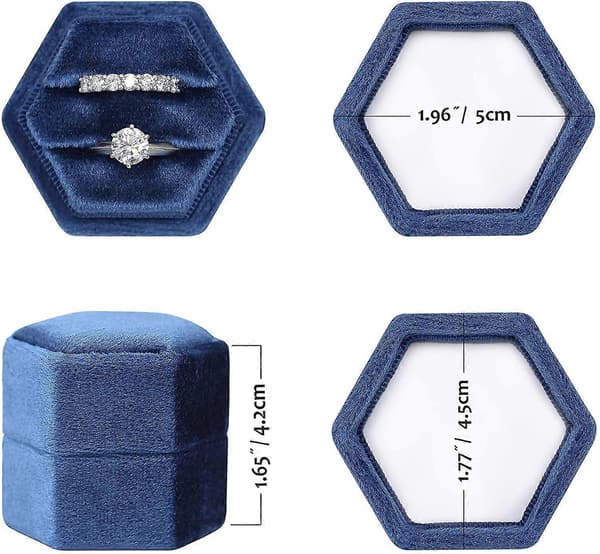 Hexagon Sammet Dubbla Fack Ring Arvegods Låda Förlovningsring Låda (Marinblå)
