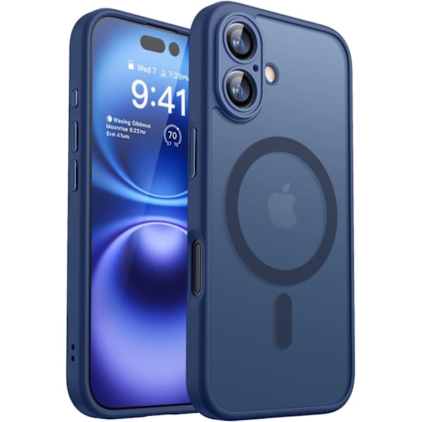 Magnetisk deksel for iPhone 16, Kompatibelt med MagSafe, Gjennomsiktig matt bakside, Slankt støtsikkert deksel, Stormblå