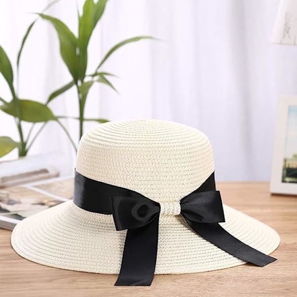 Solhatt för damer, diskett, hopfällbar, med rosett, stråhatt, sommarstrandhatt, UV-skydd UPF50 Cream white