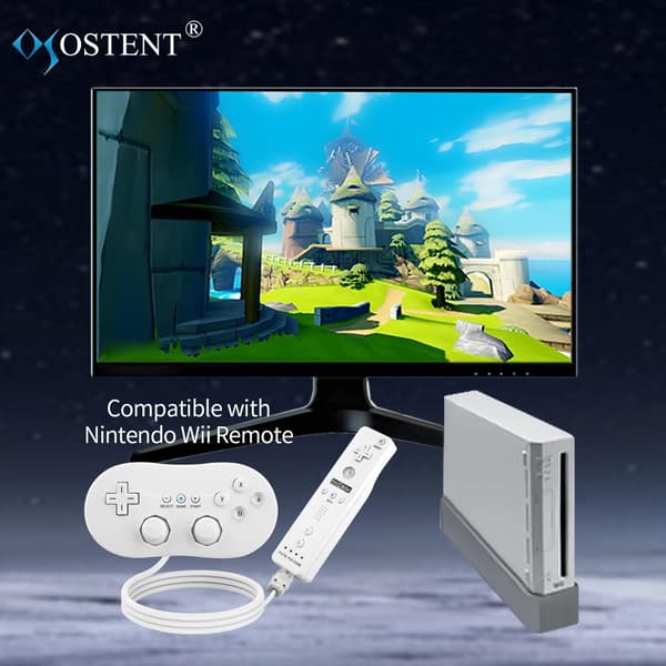 Klassisk kablet spilcontroller til Nintendo Wii, hvid, anden generation klassisk Wii, hornformet kablet design.