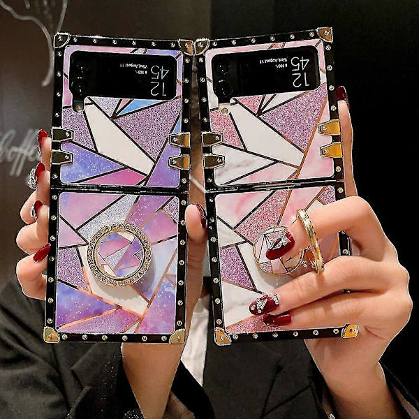 Marmorikuvioinen neliökuori, yhteensopiva Galaxy Z Flip 4:n kanssa, TPU-iskunkestävä suojus neljällä kulmalla ja rengaspidikkeellä