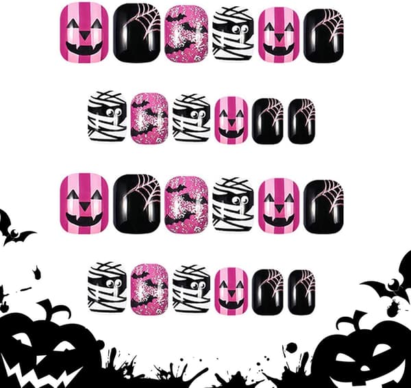 Halloween Press-On Neglesæt, 24 Genanvendelige Manicure Tips