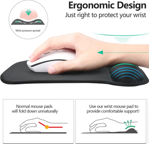 Musematte med håndleddsstøtte, Memory Foam, Sklisikker gummibase, Ergonomisk musematte