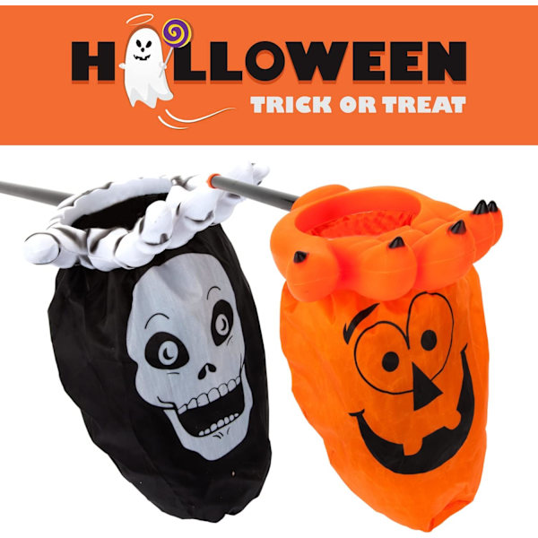 Karkki vai kepponen -kassi - Karkkikassi tikulla, saaliskassi, Halloween-kassi, pääkallokuvio, Halloween-asusteet, pelottavat juhlatarvikkeet