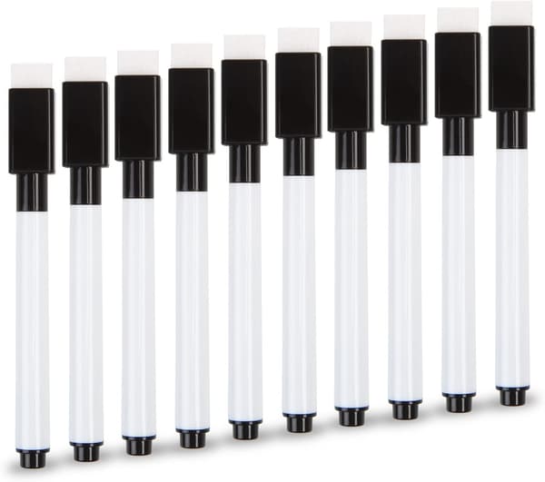 Små whiteboardpenne, 10 stk. sorte whiteboardmarkører med viskelæder, fin spids whiteboardpen til børn
