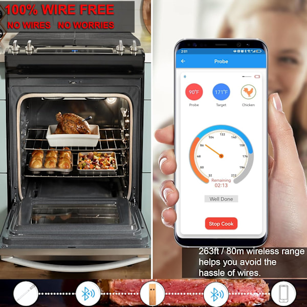 BBQ Kjøtttermometer Trådløst Smart Mattermometer for Ovn Røyker Grill Rotisseri - Dobbel nål