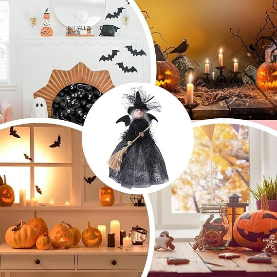 Heksedukker med kosteskaft, skræmmende cylinderhat til Halloween-træ, trætop og dukker