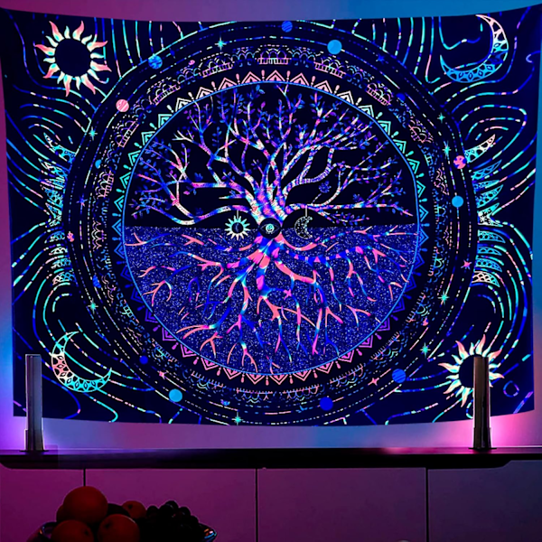 Svartljus Livets Träd Gobeläng 150x130CM UV Reaktiv Väggbonad Färgglad Estetisk Sol och Måne Galax Väggbonad 150x130cm