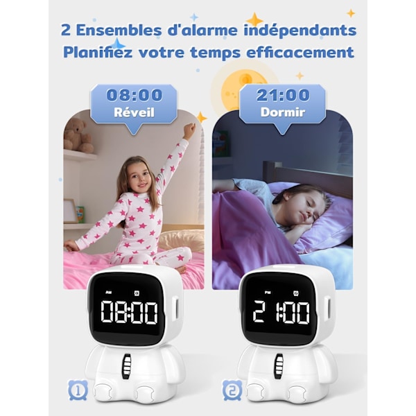 Digital väckarklocka för barn, morgonväckarklocka med 2 alarm/12/24 timmar/Snooze/Timer, 5 alarmmusik, justerbart ljud, USB-port