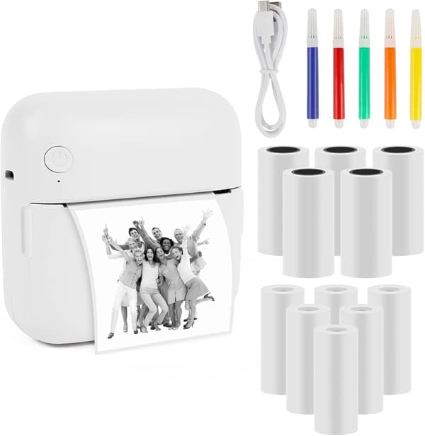 Mini Bärbar Fotoprinter, Trådlös Bluetooth Instant Termisk Printer (med 10 Rullar Utskriftspapper)