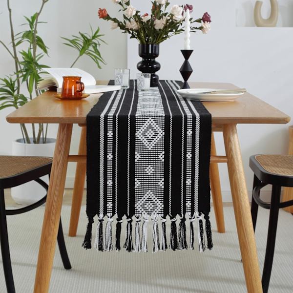 Sort Boho Bordløper med Dusker 34 x 183cm, Bomulls Lin Vevd Gårdshus Bordløper Bohemsk Spisebordløper