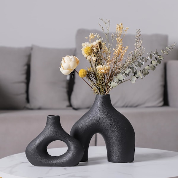 Musta keraaminen vaasiseti 2 kpl, moderni minimalismi boho-sisustukseen, pyöreät mattadonitsi-vaasit pampasruoholle black