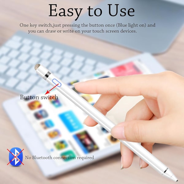 Stylus Penn, iPad Blyant Kompatibel for iOS, Android, iPad Air/Pro/Mini 2/3/4 og Mer, Oppladbar Penn for Nettbrett (Hvit)