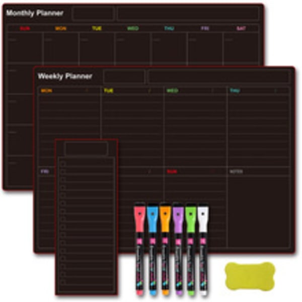 2-pack Månads- och veckokalender Planeringstavla Set för Kylskåp/Vägg/Glas/Kök, 6 Färger Markörer