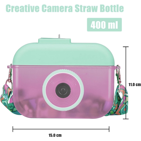 400 ml Søte Vannflasker med Sugerør - Kameraformet Vannflaske - BPA-fri Plast Tumbler med Skulderstropper - (Rosa)