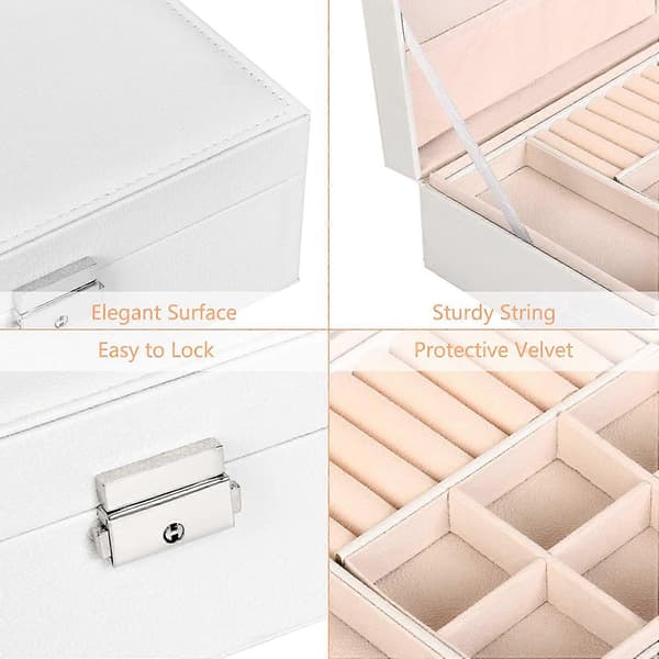 Smyckeskrin Organizer, 2-Lagers Låsbart Smyckeskrin PU Läder Display Smyckeshållare, Vit