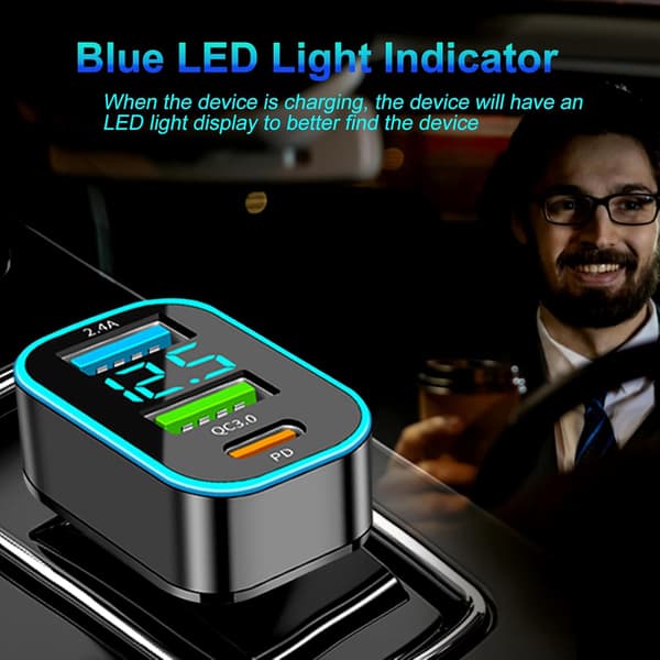 Billader, med LED-voltmeter, sigarettenner USB billader for hurtiglading