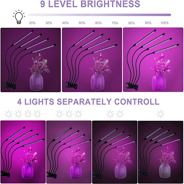 Plantelys for Innendørsplanter, 80 LED Fullspektrum LED Plantelys, 10 Dimmingsnivåer & 4 Hoder Plantelampe med Timer Style 1
