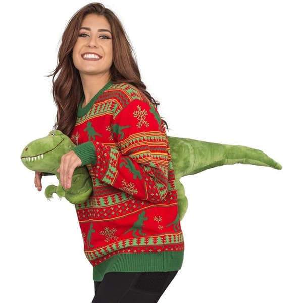 3D T-rex Rød og Grøn Voksen Jumper Grim Jule Sweater L