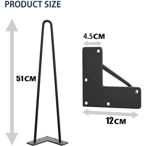4 ST 51cm Hårnålsbordsben Max Stöd 204kg med Skyddsfötter, Modern Stil från Mitten av Århundradet för Möbelben, Soffbordsben 51cm
