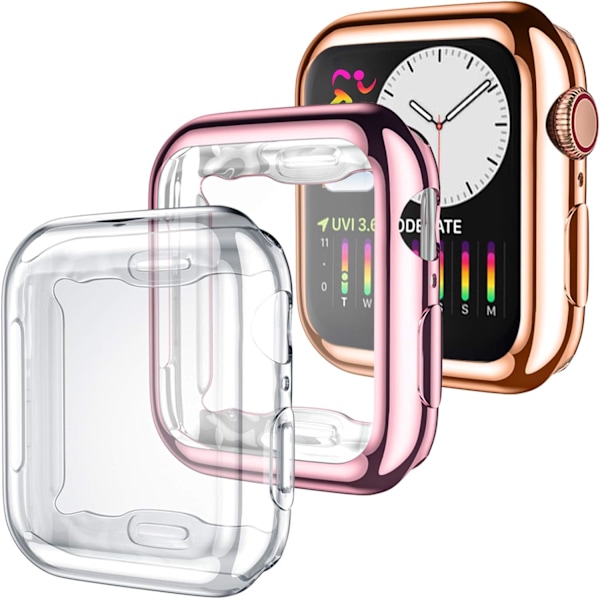 3-pack fodral kompatibelt med Apple Watch Series SE 6/5/4 44mm skärmskydd, helskyddande fodral, transparent/roséguld/rosa