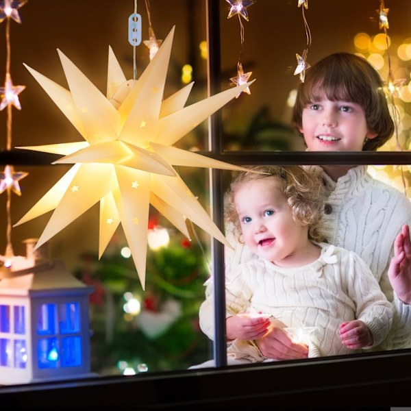 LED Julstjärna Hängande, 45cm Ljusskenande Stjärna Julgran 3D Varmvitt Julbelysning Batteridriven Dekorativ Lykta