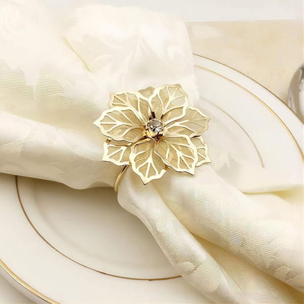 Blomster Servett Ringar Set om 6, Uthållig Blommig Servetthållare Prydnad Hushålls Servett Ringar Set Strass Servett Ringar (Guld)
