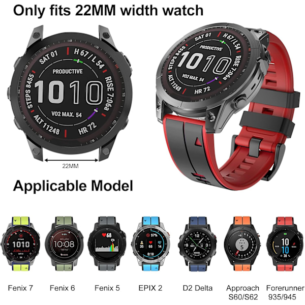 Rem til Garmin Fenix 7/Fenix 6/Fenix 5/EPIX 2, Quick Fit 22mm Silikone Urrem til Approach S60/S62, D2 Delta, Forerunner 935/945