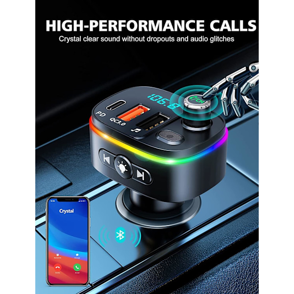 Bluetooth 5.3 Billadapter, QC3.0 & PD 18W USB C Billaddare, 9 RGB Bakgrundsbelysta Bil Bluetooth-mottagare