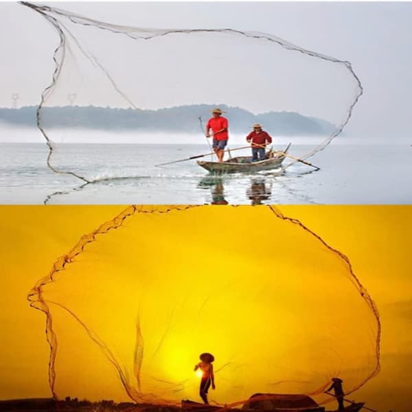 Vikbart och bärbart fiskenät, tillverkat av däckrep och monofilamenttråd, 3 meter i diameter