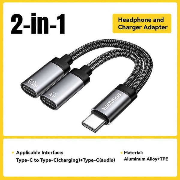 ESSAGER ES-YP25 Audio Lataussovitinkaapeli Type-C - Type-C+Type-C samanaikaiseen käyttöön