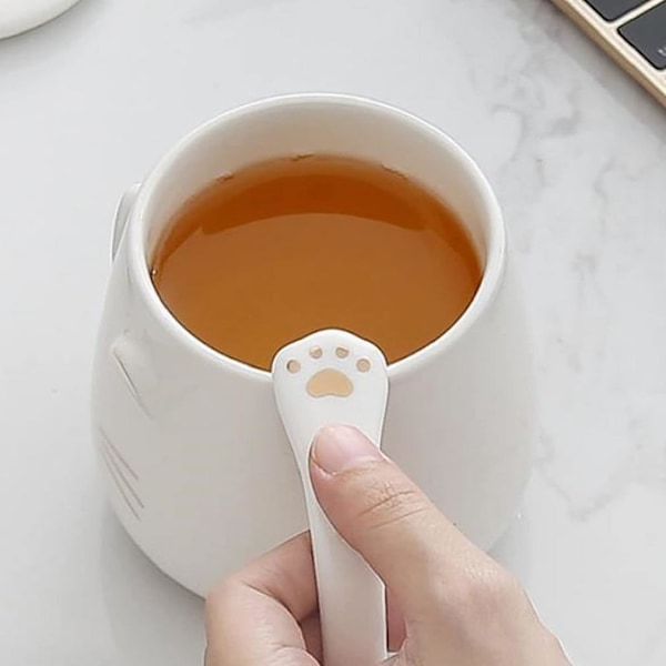 - Kawaii Kattkopp 450ml - Kattkopp med Lock & Sked - Vit & Guld Keramiska Färger - Te Kaffe Infusionskopp