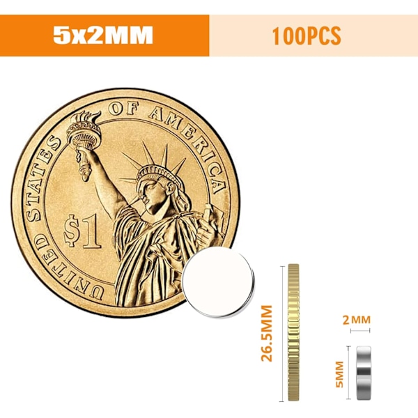 Pienet pyöreät neodyymimagneetit - 5 mm x 2 mm, 100 kpl - Erittäin vahvat valkotauluille, jääkaapille, askarteluun ja ilmoitustauluille