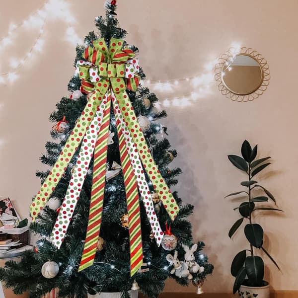 Stor Grön Julgrans Topp Krans Båge, Röd Grön Prickig Polyester Presentbåge för Jul Bröllop Thanksgiving Dekoration